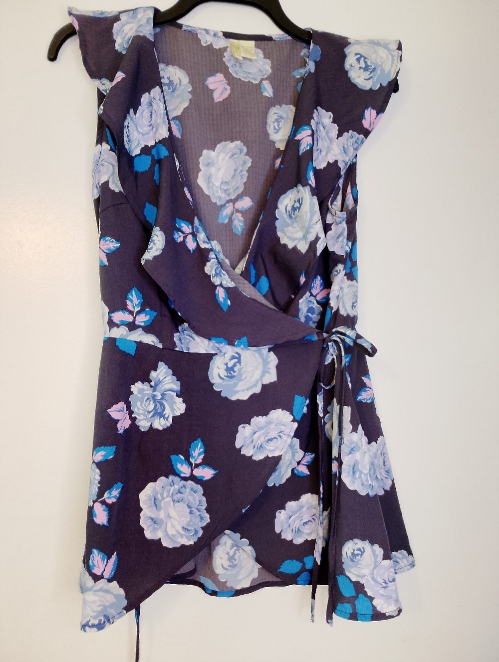Japna Navy Floral Wrap Top Blue and Pink Accents